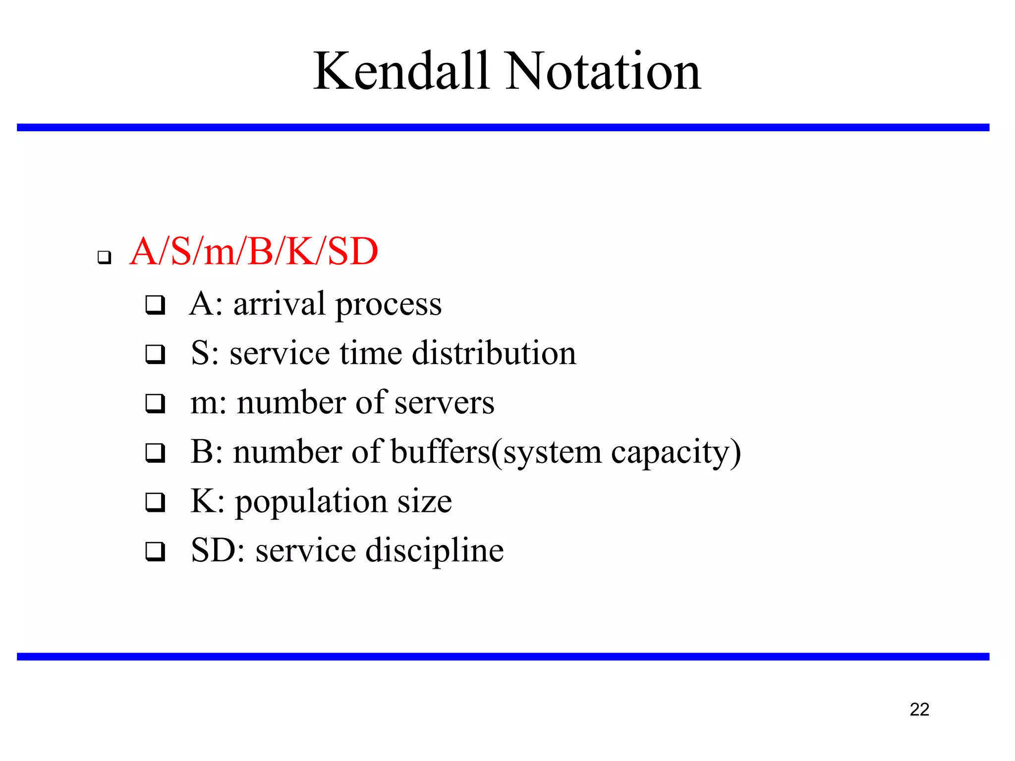 Kendall Notation



A/S/m/B/K/SD








A: arrival process
S: service time distribution
m: number of servers
B: number of buffers(system capacity)‫‏‬
K: population size
SD: service discipline

22

 