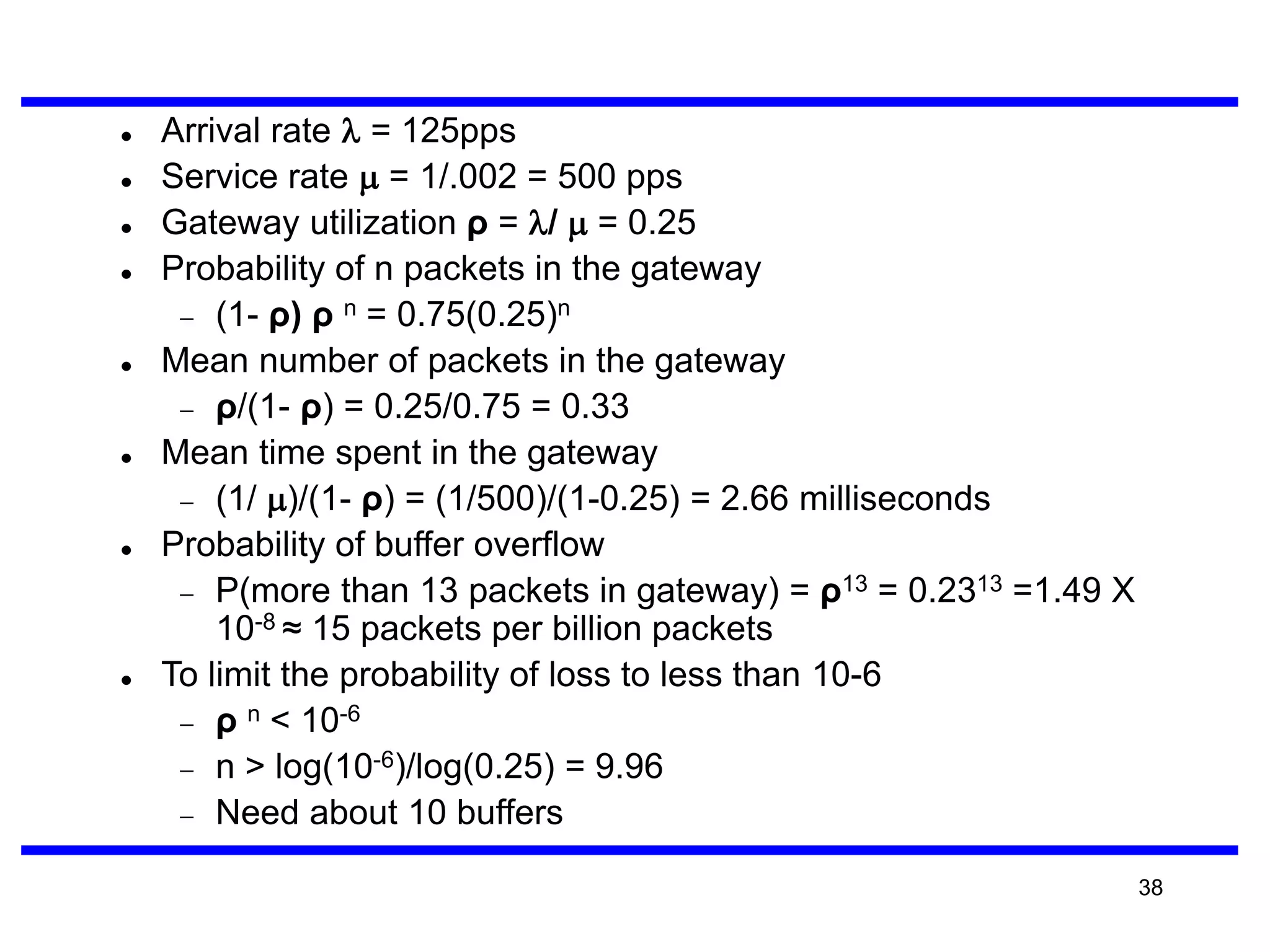 













Arrival rate  = 125pps
Service rate  = 1/.002 = 500 pps
Gateway utilization ρ = /  = 0.25
Probability of n packets in the gateway
 (1- ρ) ρ n = 0.75(0.25)n
Mean number of packets in the gateway
 ρ/(1- ρ) = 0.25/0.75 = 0.33
Mean time spent in the gateway
 (1/ )/(1- ρ) = (1/500)/(1-0.25) = 2.66 milliseconds
Probability of buffer overflow
 P(more than 13 packets in gateway) = ρ13 = 0.2313 =1.49 X
10-8 ≈ 15 packets per billion packets
To limit the probability of loss to less than 10-6
 ρ n < 10-6
 n > log(10-6)/log(0.25) = 9.96
 Need about 10 buffers
38

 