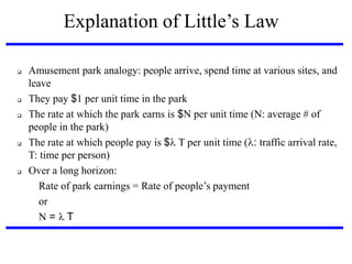 Explanation‫‏‬of‫‏‬Little’s‫‏‬Law









Amusement park analogy: people arrive, spend time at various sites, and
leave
They pay $1 per unit time in the park
The rate at which the park earns is $N per unit time (N: average # of
people in the park)‫‏‬
The rate at which people pay is $T per unit time (: traffic arrival rate,
T: time per person)‫‏‬
Over a long horizon:
Rate‫‏‬of‫‏‬park‫‏‬earnings‫‏=‏‬Rate‫‏‬of‫‏‬people’s‫‏‬payment
or
N = T

 