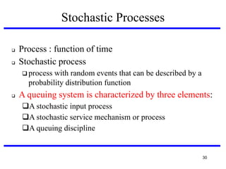 Stochastic Processes



Process : function of time
Stochastic process
 process

with random events that can be described by a
probability distribution function



A queuing system is characterized by three elements:
A stochastic input process
A stochastic service mechanism or process
A queuing discipline

30

 