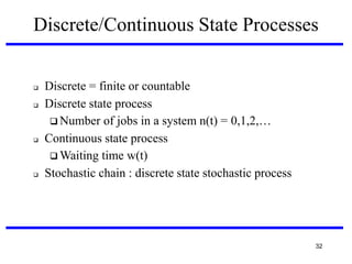 Discrete/Continuous State Processes









Discrete = finite or countable
Discrete state process
 Number of jobs in a system n(t) = 0,1,2,…
Continuous state process
 Waiting time w(t)‫‏‬
Stochastic chain : discrete state stochastic process

32

 