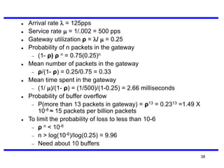 













Arrival rate  = 125pps
Service rate  = 1/.002 = 500 pps
Gateway utilization ρ = /  = 0.25
Probability of n packets in the gateway
 (1- ρ) ρ n = 0.75(0.25)n
Mean number of packets in the gateway
 ρ/(1- ρ) = 0.25/0.75 = 0.33
Mean time spent in the gateway
 (1/ )/(1- ρ) = (1/500)/(1-0.25) = 2.66 milliseconds
Probability of buffer overflow
 P(more than 13 packets in gateway) = ρ13 = 0.2313 =1.49 X
10-8 ≈ 15 packets per billion packets
To limit the probability of loss to less than 10-6
 ρ n < 10-6
 n > log(10-6)/log(0.25) = 9.96
 Need about 10 buffers
38

 
