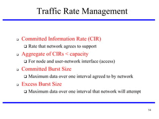 Traffic Rate Management



Committed Information Rate (CIR)‫‏‬




Aggregate of CIRs < capacity




For node and user-network interface (access)‫‏‬

Committed Burst Size




Rate that network agrees to support

Maximum data over one interval agreed to by network

Excess Burst Size


Maximum data over one interval that network will attempt

54

 