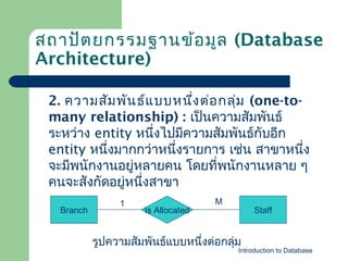 สถาปัต ยกรรมฐานข้อ มูล (Database
Architecture)
2. ความสัม พัน ธ์แ บบหนึง ต่อ กลุ่ม (one-to่
many relationship) : เป็นความสัมพันธ์
ระหว่าง entity หนึ่งไปมีความสัมพันธ์กับอีก
entity หนึ่งมากกว่าหนึ่งรายการ เช่น สาขาหนึง
่
จะมีพนักงานอยู่หลายคน โดยที่พนักงานหลาย ๆ
คนจะสังกัดอยู่หนึ่งสาขา
Branch

1

Is Allocated

M

Staff

รูปความสัมพันธ์แบบหนึ่งต่อกลุ่ม

Introduction to Database

 