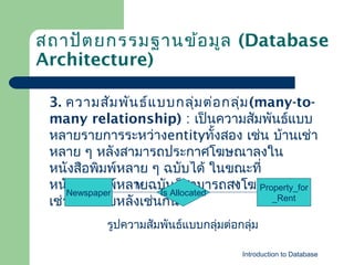 สถาปัต ยกรรมฐานข้อ มูล (Database
Architecture)
3. ความสัม พัน ธ์แ บบกลุ่ม ต่อ กลุ่ม (many-tomany relationship) : เป็นความสัมพันธ์แบบ
หลายรายการระหว่างentityทังสอง เช่น บ้านเช่า
้
หลาย ๆ หลังสามารถประกาศโฆษณาลงใน
หนังสือพิมพ์หลาย ๆ ฉบับได้ ในขณะที่
N
หนัNewspaper หลายฉบับก็สามารถลงโฆษณาบ้าน
งสือพิมพ์ M Is Allocated
Property_for
_Rent
เช่าได้หลายหลังเช่นกัน
รูปความสัมพันธ์แบบกลุ่มต่อกลุ่ม
Introduction to Database

 