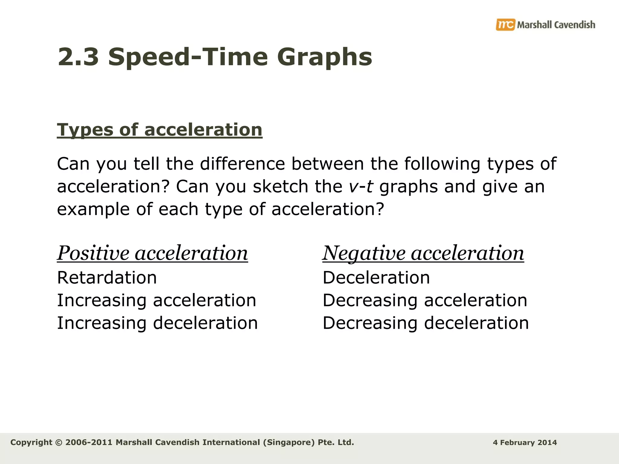 2.3 Speed-Time Graphs
Types of acceleration
Can you tell the difference between the following types of
acceleration? Can you sketch the v-t graphs and give an
example of each type of acceleration?

Positive acceleration

Negative acceleration

Retardation
Increasing acceleration
Increasing deceleration

Deceleration
Decreasing acceleration
Decreasing deceleration

Copyright © 2006-2011 Marshall Cavendish International (Singapore) Pte. Ltd.

4 February 2014

 