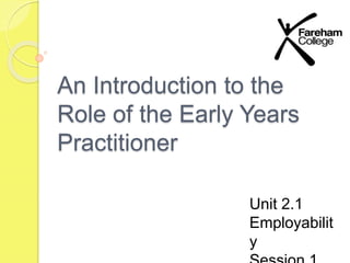 An Introduction to the 
Role of the Early Years 
Practitioner 
Unit 2.1 
Employabilit 
y 
Session 1 
 