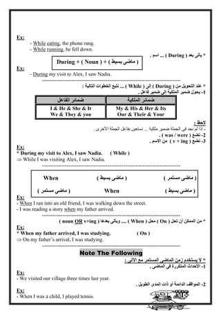 - 02 - 
Ex: 
- While eating, the phone rang. 
- While running, he fell down. 
* يأتى بعد ( During ) ... اسم . 
During + ( Noun ) + ) ماضى بسيط ( 
Ex: 
- During my visit to Alex, I saw Nadia. 
-------------------------------------------------------------------------------- 
* عند التحويل من ( During ) إلى ( While ) ... نتبع الخطوات التالية : 
6 يحول ضمير الملكية إلى ضمير فاعل . - 
ضمائر الملكية ضمائر الفاعل 
My & His & Her & Its 
Our & Their & Your 
I & He & She & It 
We & They & you 
لاحظ : 
إذا لم نجد فى الجملة ضمير ملكية ... نستعين بفاعل الجملة الأخرى . - 
0 نضع - ( was / were ) . 
2 نضع - ( v + ing ) من الاسم . 
Ex: 
* During my visit to Alex, I saw Nadia. ( While ) 
 While I was visiting Alex, I saw Nadia. 
-------------------------------------------------------------------------------- 
When ) ماضى بسيط ( ) ماضى مستمر ( 
) ماضى مستمر ( When ) ماضى بسيط ( 
Ex: 
- When I ran into an old friend, I was walking down the street. 
- I was reading a story when my father arrived. 
-------------------------------------------------------------------------------- 
* من الممكن أن تحل ( On ) محل ( When ) .... ويأتى بعدها v+ing ) OR( noun 
Ex: 
* When my father arrived, I was studying. ( On ) 
 On my father’s arrival, I was studying. 
-------------------------------------------------------------------------------- Note The Following 
* لا يستخدم زمن الماضى المستمر مع الآتى : 
6 الأحداث المتكررة فى الماضى . - 
Ex: 
- We visited our village three times last year. 
0 المواقف الدائمة أو ذات المدى الطويل . - 
Ex: 
- When I was a child, I played tennis. 
 
