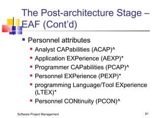 The Post-architecture Stage – 
EAF (Cont’d) 
 Personnel attributes 
 Analyst CAPabilities (ACAP)^ 
 Application EXPerience (AEXP)* 
 Programmer CAPabilities (PCAP)^ 
 Personnel EXPerience (PEXP)* 
 programming Language/Tool EXperience 
(LTEX)* 
 Personnel CONtinuity (PCON)^ 
Software Project Management 81 
 