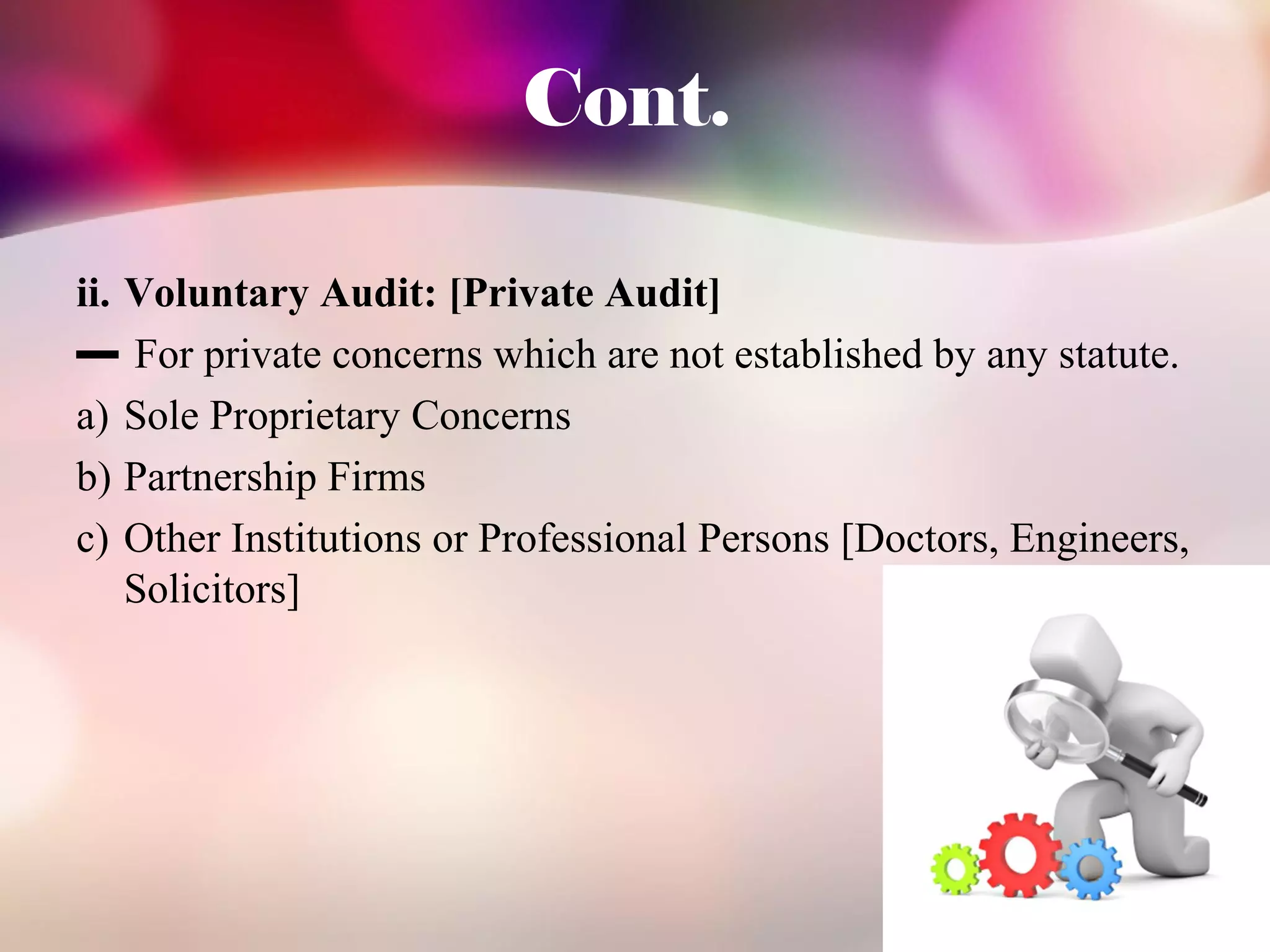 Cont. 
ii. Voluntary Audit: [Private Audit] 
▬ For private concerns which are not established by any statute. 
a) Sole Proprietary Concerns 
b) Partnership Firms 
c) Other Institutions or Professional Persons [Doctors, Engineers, 
Solicitors] 
 