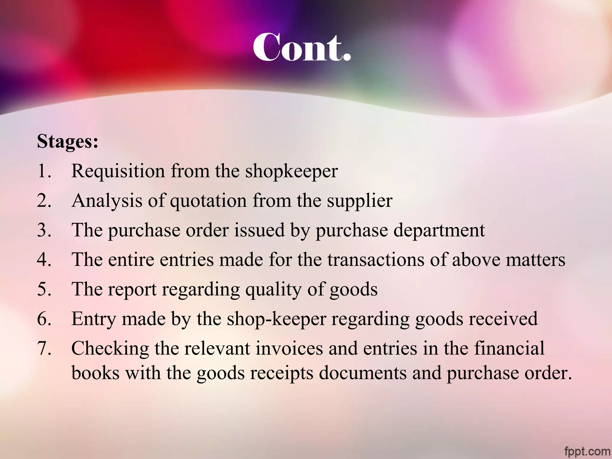 Cont. 
Stages: 
1. Requisition from the shopkeeper 
2. Analysis of quotation from the supplier 
3. The purchase order issued by purchase department 
4. The entire entries made for the transactions of above matters 
5. The report regarding quality of goods 
6. Entry made by the shop-keeper regarding goods received 
7. Checking the relevant invoices and entries in the financial 
books with the goods receipts documents and purchase order. 
 