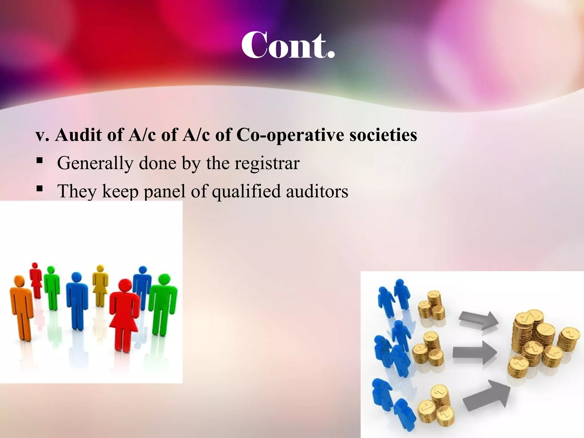 Cont. 
v. Audit of A/c of A/c of Co-operative societies 
 Generally done by the registrar 
 They keep panel of qualified auditors 
 