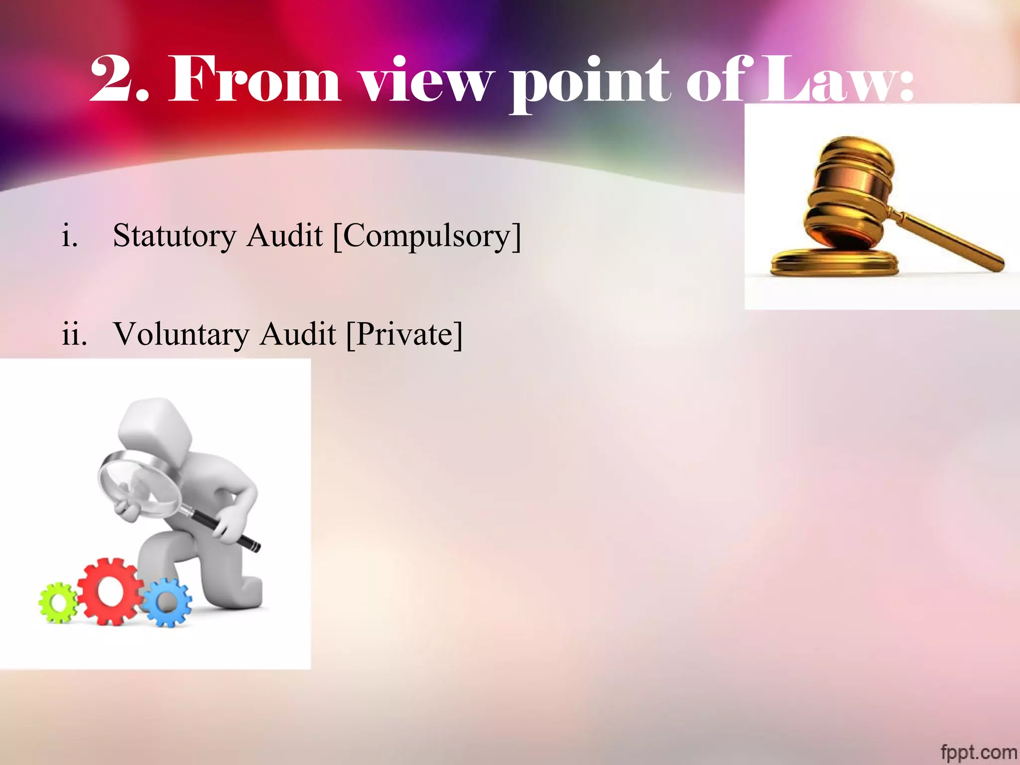 2. From view point of Law: 
i. Statutory Audit [Compulsory] 
ii. Voluntary Audit [Private] 
 