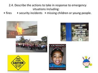 2.4. Describe the actions to take in response to emergency 
situations including: 
• fires • security incidents • missing children or young people. 
 