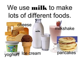 We use milk to make 
lots of different foods. 
milkshake 
cheese 
milk 
yoghurt Ice cream pancakes 
