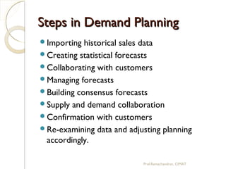 Steps in Demand PlanningSteps in Demand Planning
Importing historical sales data
Creating statistical forecasts
Collaborating with customers
Managing forecasts
Building consensus forecasts
Supply and demand collaboration
Confirmation with customers
Re-examining data and adjusting planning
accordingly.
Prof.Ramachandran, CIMAT
 