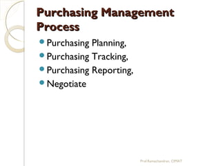 Purchasing ManagementPurchasing Management
ProcessProcess
Purchasing Planning,
Purchasing Tracking,
Purchasing Reporting,
Negotiate
Prof.Ramachandran, CIMAT
 