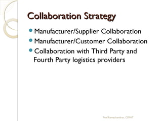 Collaboration StrategyCollaboration Strategy
Manufacturer/Supplier Collaboration
Manufacturer/Customer Collaboration
Collaboration with Third Party and
Fourth Party logistics providers
Prof.Ramachandran, CIMAT
 
