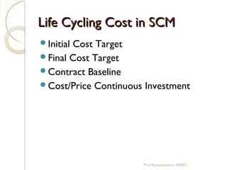 Life Cycling Cost in SCMLife Cycling Cost in SCM
Initial Cost Target
Final Cost Target
Contract Baseline
Cost/Price Continuous Investment
Prof.Ramachandran, CIMAT
 