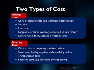 Two Types of CostTwo Types of Cost
– Costs of storage space (E.g. warehouse depreciation)
– Security
– Insurance
– Forgone interest on working capital tied up in inventory
– Deterioration, theft, spoilage, or obsolescence
– Clerical costs of preparing purchase orders
– Some spent finding suppliers and expediting orders
– Transportation costs
– Receiving costs (E.g. unloading and inspection)
Holding
Cost:
Ordering
Cost:
Prof.Ramachandran, CIMAT
 