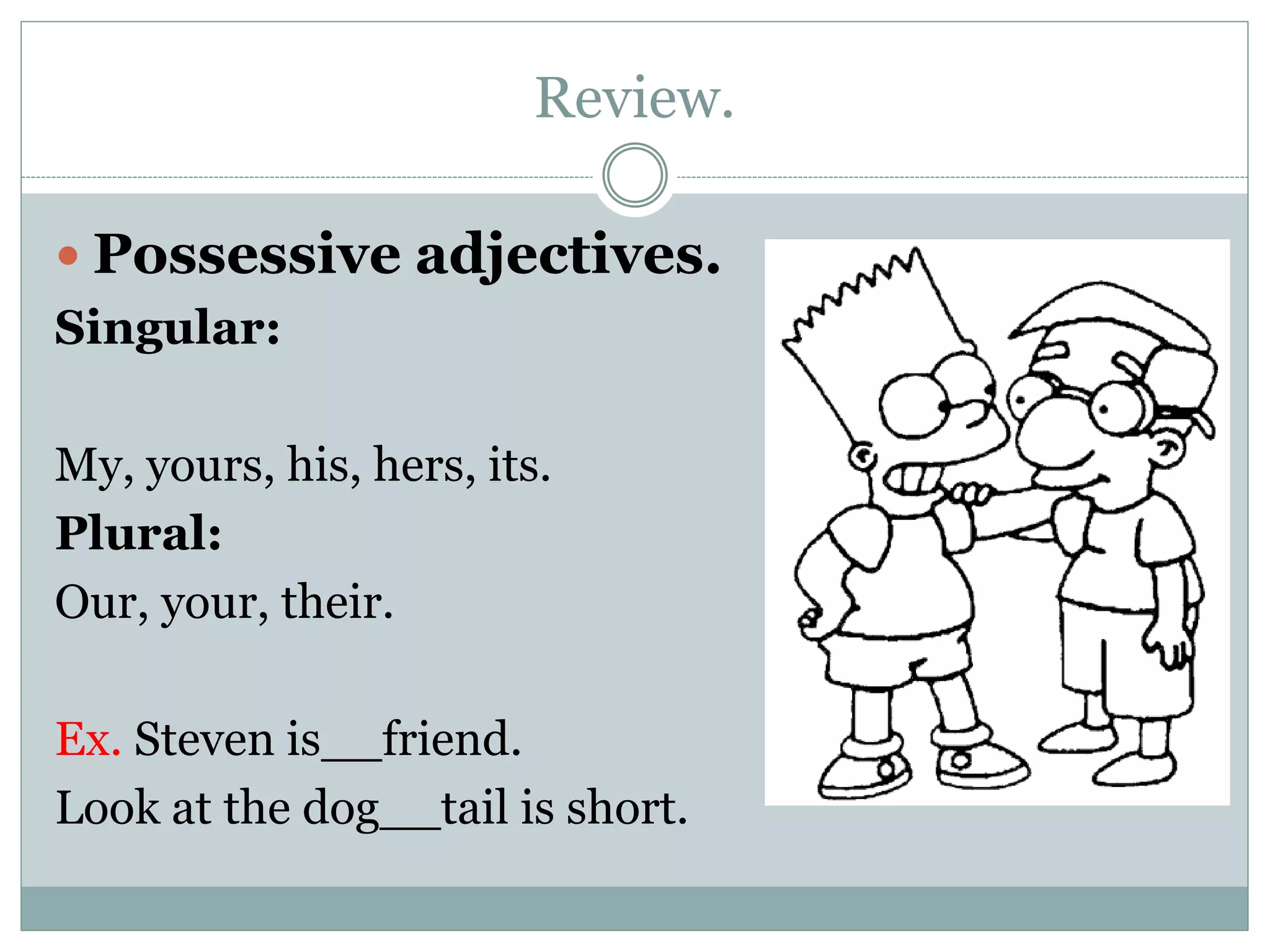 Review.
 Possessive adjectives.
Singular:
My, yours, his, hers, its.
Plural:
Our, your, their.
Ex. Steven is__friend.
Look at the dog__tail is short.
 