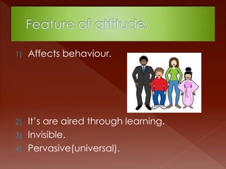 1) Affects behaviour.
2) It’s are aired through learning.
3) Invisible.
4) Pervasive(universal).
 