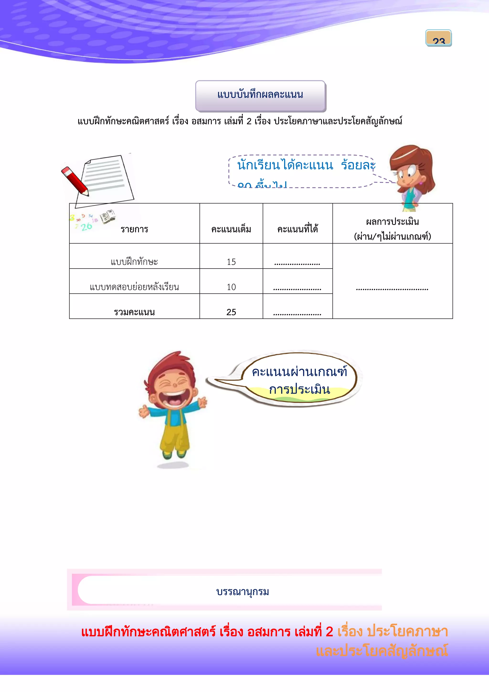 แบบฝึกทักษะคณิตศาสตร์ เรื่อง อสมการ เล่มที่ 2 เรื่อง ประโยคภาษา
และประโยคสัญลักษณ์
23
แบบฝึกทักษะคณิตศาสตร์ เรื่อง อสมการ เล่มที่ 2 เรื่อง ประโยคภาษาและประโยคสัญลักษณ์
รายการ คะแนนเต็ม คะแนนที่ได้
ผลการประเมิน
(ผ่าน/ๆไม่ผ่านเกณฑ์)
แบบฝึกทักษะ 15 …………………
……………………………แบบทดสอบย่อยหลังเรียน 10 ………………….
รวมคะแนน 25 ………………….
แบบบันทึกผลคะแนน
คะแนนผ่านเกณฑ์
การประเมิน
เก่งจริง ๆ เลยนะ
ครับ
นักเรียนได้คะแนน ร้อยละ
80 ขึ้นไป
ถือว่า “ผ่านเกณฑ์”
บรรณานุกรม
บรรณานุกรม
 