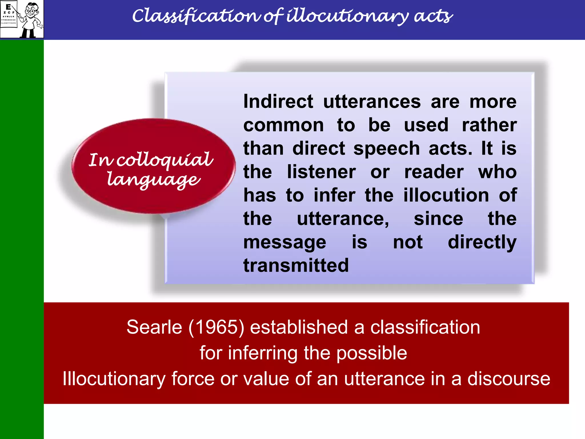 Classification of illocutionary acts
In colloquial
language
Indirect utterances are more
common to be used rather
than direct speech acts. It is
the listener or reader who
has to infer the illocution of
the utterance, since the
message is not directly
transmitted
Searle (1965) established a classification
for inferring the possible
Illocutionary force or value of an utterance in a discourse
 