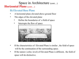 Space in Architecture (cont…)
Horizontal Plane (cont…)
B) Elevated Base Plane
• A horizontal plane elevated above ground floor
• The edges of the elevated plane
• Define the boundaries of a field of space
• Interrupts the flow of space
• If the characteristics of Elevated Plane is similar , the field of space
will be the continuation of the surrounding space.
• If the nature ( color, level) of Elevated Plane is different, the field of
space will de distinctive.
 