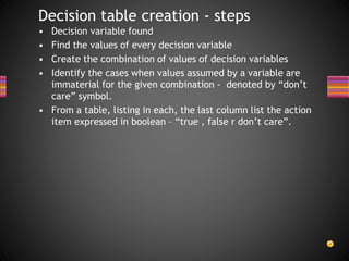 • Decision variable found
• Find the values of every decision variable
• Create the combination of values of decision variables
• Identify the cases when values assumed by a variable are
immaterial for the given combination - denoted by “don’t
care” symbol.
• From a table, listing in each, the last column list the action
item expressed in boolean – “true , false r don’t care”.
Decision table creation - steps
 