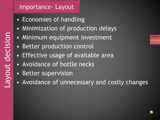 Layoutdecision Importance- Layout
• Economies of handling
• Minimization of production delays
• Minimum equipment investment
• Better production control
• Effective usage of available area
• Avoidance of bottle necks
• Better supervision
• Avoidance of unnecessary and costly changes
 