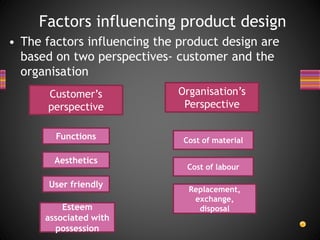 • The factors influencing the product design are
based on two perspectives- customer and the
organisation
Factors influencing product design
Customer’s
perspective
Functions
Aesthetics
User friendly
Esteem
associated with
possession
Organisation’s
Perspective
Cost of material
Cost of labour
Replacement,
exchange,
disposal
 
