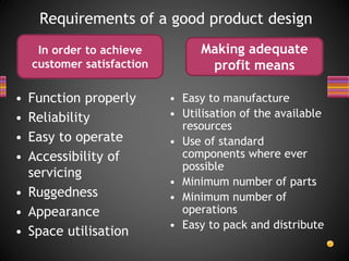 • Function properly
• Reliability
• Easy to operate
• Accessibility of
servicing
• Ruggedness
• Appearance
• Space utilisation
Requirements of a good product design
• Easy to manufacture
• Utilisation of the available
resources
• Use of standard
components where ever
possible
• Minimum number of parts
• Minimum number of
operations
• Easy to pack and distribute
In order to achieve
customer satisfaction
Making adequate
profit means
 