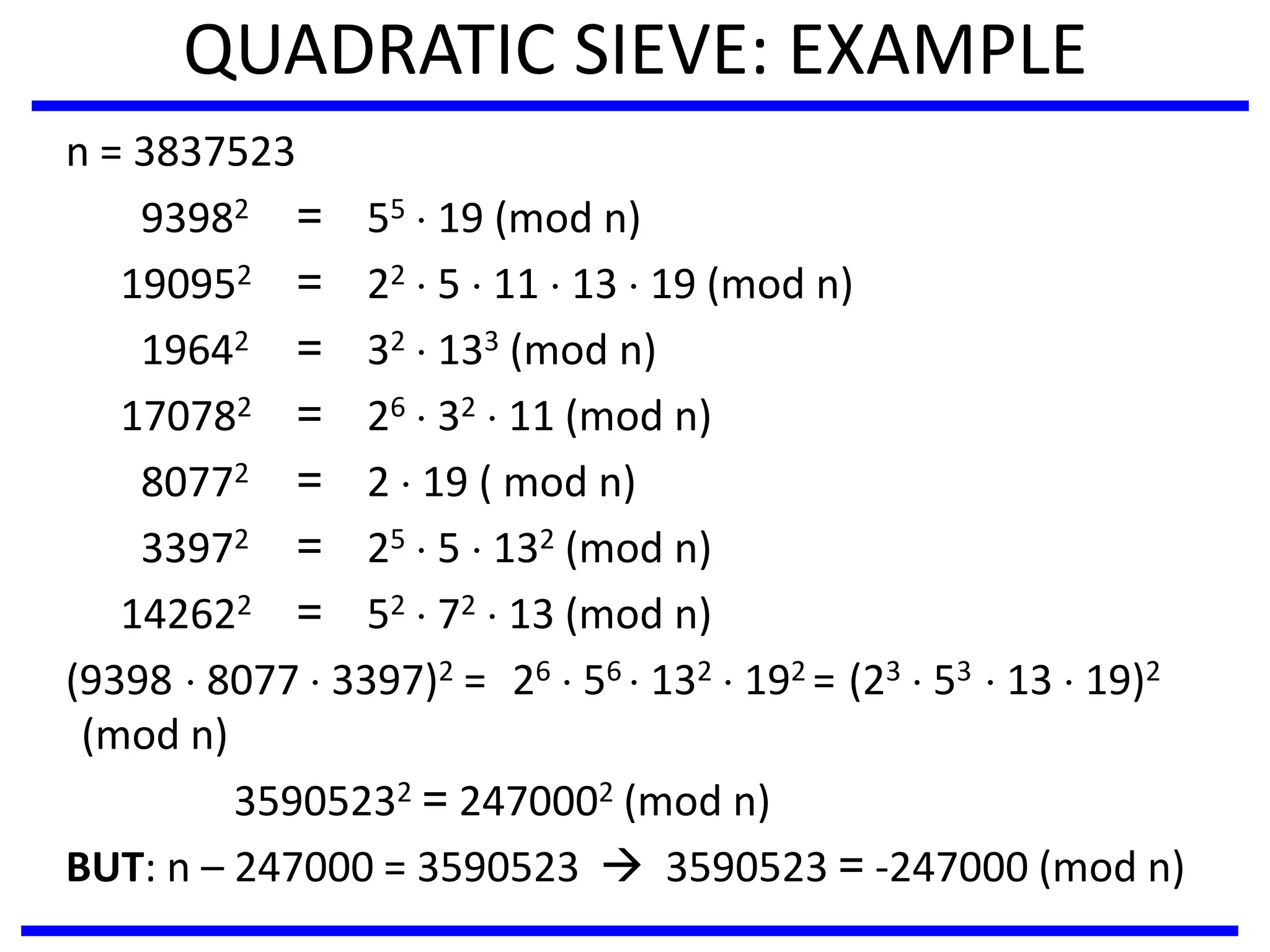 QUADRATIC SIEVE: EXAMPLE
n = 3837523
93982 = 55  19 (mod n)
190952 = 22  5  11  13  19 (mod n)
19642 = 32  133 (mod n)
170782 = 26  32  11 (mod n)
80772 = 2  19 ( mod n)
33972 = 25  5  132 (mod n)
142622 = 52  72  13 (mod n)
(9398  8077  3397)2 = 26  56  132  192 = (23  53  13  19)2
(mod n)
35905232 = 2470002 (mod n)
BUT: n – 247000 = 3590523  3590523 = -247000 (mod n)
 