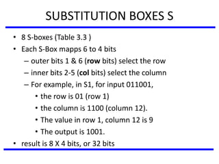SUBSTITUTION BOXES S
• 8 S-boxes (Table 3.3 )
• Each S-Box mapps 6 to 4 bits
– outer bits 1 & 6 (row bits) select the row
– inner bits 2-5 (col bits) select the column
– For example, in S1, for input 011001,
• the row is 01 (row 1)
• the column is 1100 (column 12).
• The value in row 1, column 12 is 9
• The output is 1001.
• result is 8 X 4 bits, or 32 bits
 