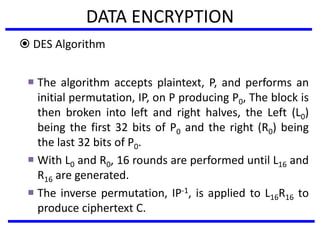 DATA ENCRYPTION
 DES Algorithm
 The algorithm accepts plaintext, P, and performs an
initial permutation, IP, on P producing P0, The block is
then broken into left and right halves, the Left (L0)
being the first 32 bits of P0 and the right (R0) being
the last 32 bits of P0.
 With L0 and R0, 16 rounds are performed until L16 and
R16 are generated.
 The inverse permutation, IP-1, is applied to L16R16 to
produce ciphertext C.
 