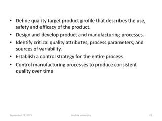 • Define quality target product profile that describes the use,
safety and efficacy of the product.
• Design and develop product and manufacturing processes.
• Identify critical quality attributes, process parameters, and
sources of variability.
• Establish a control strategy for the entire process
• Control manufacturing processes to produce consistent
quality over time
September 29, 2015 Andhra university 61
 