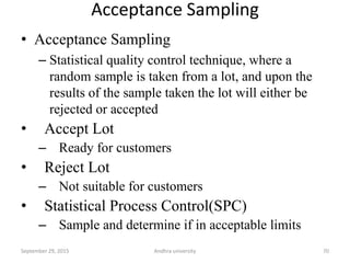 Acceptance Sampling
• Acceptance Sampling
– Statistical quality control technique, where a
random sample is taken from a lot, and upon the
results of the sample taken the lot will either be
rejected or accepted
• Accept Lot
– Ready for customers
• Reject Lot
– Not suitable for customers
• Statistical Process Control(SPC)
– Sample and determine if in acceptable limits
70September 29, 2015 Andhra university
 