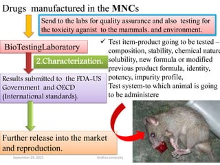 Drugs manufactured in the MNCs
BioTestingLaboratory
Send to the labs for quality assurance and also testing for
the toxicity aganist to the mammals. and environment.
2.Characterization:
 Test item-product going to be tested –
composition, stability, chemical nature
solubility, new formula or modified
previous product formula, identity,
potency, impurity profile,
 Test system-to which animal is going
to be administere
Results submitted to the FDA-US
Government and OECD
(International standards).
Further release into the market
and reproduction.
September 29, 2015 85Andhra university
 