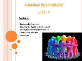 Contents:
Business Environment
Detailing the Types of Environment
External and Internal Environment
Controllable and Non
Controllable.
 