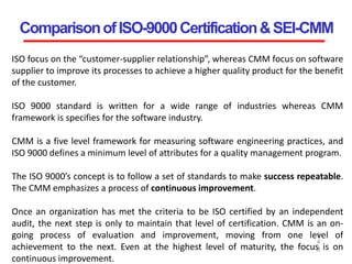 ComparisonofISO-9000Certification&SEI-CMM
1
4
3
ISO focus on the “customer-supplier relationship”, whereas CMM focus on software
supplier to improve its processes to achieve a higher quality product for the benefit
of the customer.
ISO 9000 standard is written for a wide range of industries whereas CMM
framework is specifies for the software industry.
CMM is a five level framework for measuring software engineering practices, and
ISO 9000 defines a minimum level of attributes for a quality management program.
The ISO 9000’s concept is to follow a set of standards to make success repeatable.
The CMM emphasizes a process of continuous improvement.
Once an organization has met the criteria to be ISO certified by an independent
audit, the next step is only to maintain that level of certification. CMM is an on-
going process of evaluation and improvement, moving from one level of
achievement to the next. Even at the highest level of maturity, the focus is on
continuous improvement.
 