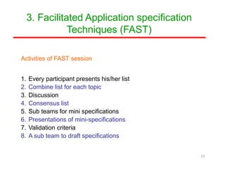 Activities of FAST session
1. Every participant presents his/her list
2. Combine list for each topic
3. Discussion
4. Consensus list
5. Sub teams for mini specifications
6. Presentations of mini-specifications
7. Validation criteria
8. A sub team to draft specifications
3. Facilitated Application specification
Techniques (FAST)
23
 