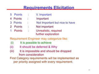 Requirement Engineer may categorize like:
(i)
(ii)
(iii)
It is possible to achieve
It should be deferred & Why
It is impossible and should be dropped
from consideration
First Category requirements will be implemented as
per priority assigned with every requirement.
Requirements Elicitation
26
5 Points : V. Important
4 Points : Important
3 Points : Not Important but nice to have
2 Points : Not important
1 Points : Unrealistic, required
further exploration
 