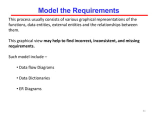 This process usually consists of various graphical representations of the
functions, data entities, external entities and the relationships between
them.
This graphical view may help to find incorrect, inconsistent, and missing
requirements.
Such model include –
• Data flow Diagrams
• Data Dictionaries
• ER Diagrams
41
Model the Requirements
 