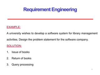 Requirement Engineering
EXAMPLE:
A university wishes to develop a software system for library management
activities. Design the problem statement for the software company.
SOLUTION:
1. Issue of books
2. Return of books
3. Query processing
6
 