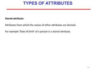 62
TYPES OF ATTRIBUTES
Stored attribute:
Attributes from which the values of other attributes are derived.
For example ‘Date of birth’ of a person is a stored attribute.
 