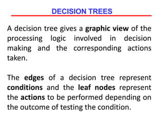 DECISION TREES
A decision tree gives a graphic view of the
processing logic involved in decision
making and the corresponding actions
taken.
The edges of a decision tree represent
conditions and the leaf nodes represent
the actions to be performed depending on
the outcome of testing the condition.
 