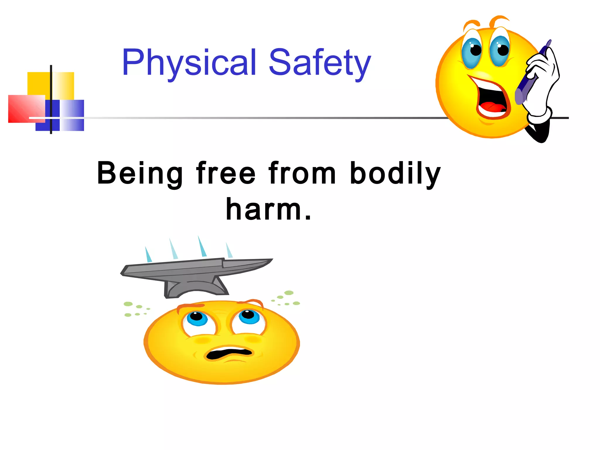 Physical Safety
Being free from bodily
harm.
 