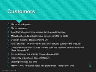 Customers
 Market size & growth
 Market segments
 Benefits that consumer is seeking, tangible and intangible.
 Motivation behind purchase; value drivers, benefits vs. costs
 Decision maker or decision-making unit
 Retail channel – where does the consumer actually purchase the product?
 Consumer information sources – where does the customer obtain information
about the product?
 Buying process; e.g. impulse or careful comparison
 Frequency of purchase, seasonal factors
 Quality purchased at a time
 Trends - how consumer needs and preferences change over time
Prepared by: Ms. Himani R.
12
 