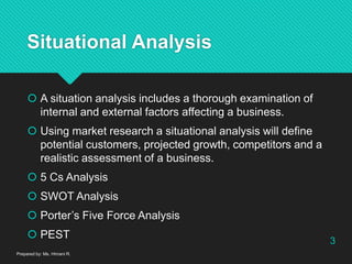 Situational Analysis
 A situation analysis includes a thorough examination of
internal and external factors affecting a business.
 Using market research a situational analysis will define
potential customers, projected growth, competitors and a
realistic assessment of a business.
 5 Cs Analysis
 SWOT Analysis
 Porter’s Five Force Analysis
 PEST
3
Prepared by: Ms. Himani R.
 